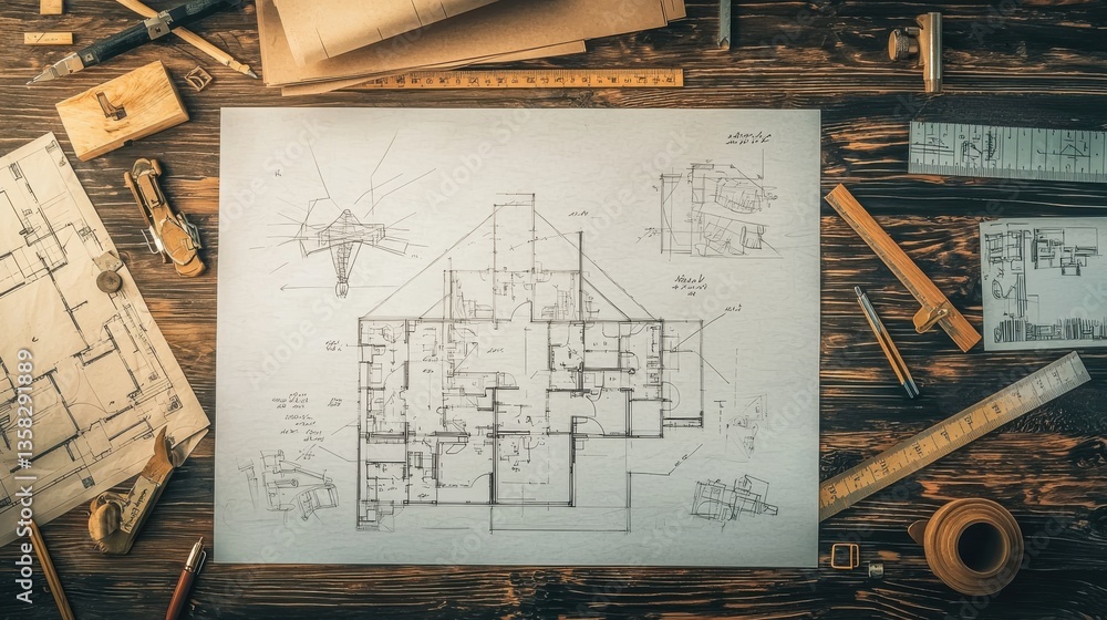 Poster architectural blueprint and various drafting tools including ruler pencil and graph paper on a woode