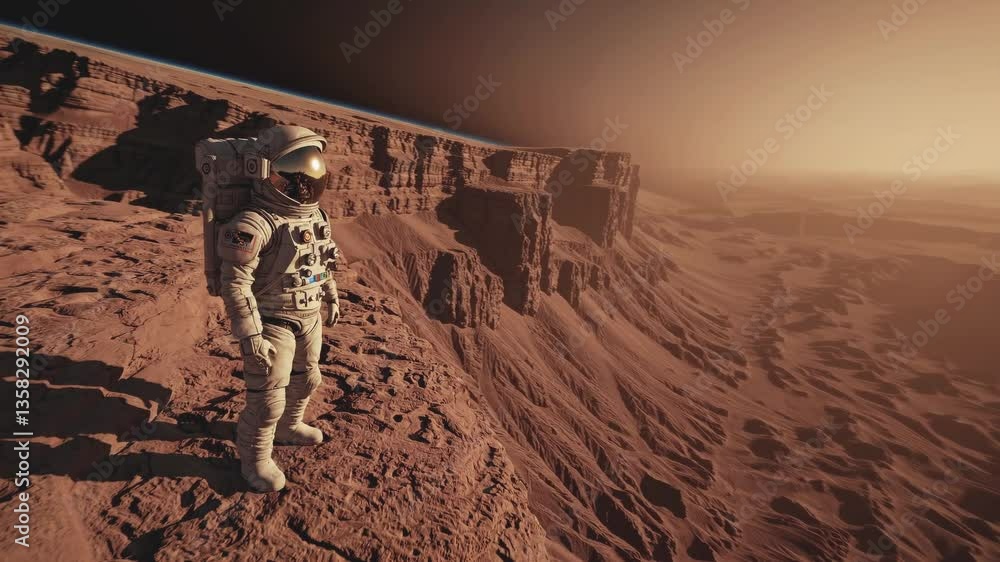 Poster astronaut exploring rocky terrain on alien landscape with dramatic cliff formations and reddish-brow