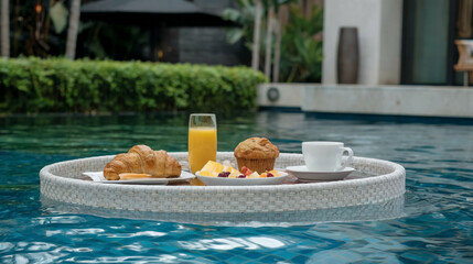 A luxurious breakfast experience unfolds as a floating tray glides on gentle waters, featuring fresh croissants, muffins, fruit, and refreshing juice amidst lush greenery.