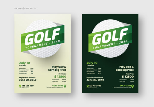 Golf tournament flyer or poster template, annual sports tournament event golf leaflet design set