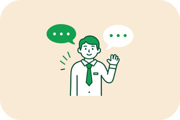 Friendly Conversation: Man Communicates with Speech Bubbles, Offering Greeting