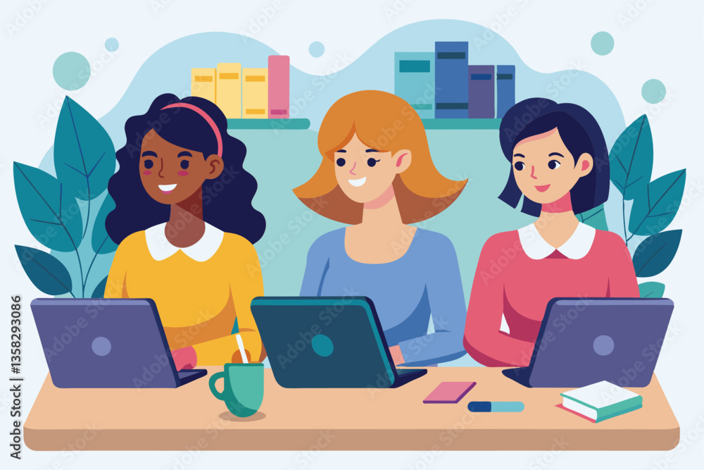 Poster three women engaged in completing assignments together at a shared workspace filled with greenery, w