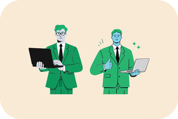 Two Men with Laptops, One Thumbs Up, Flat Vector Illustration