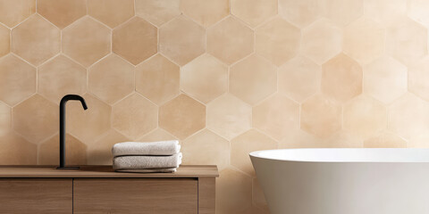 Wall ceramic tiles in honeycomb shape, honeycomb pattern on the wall in bathroom interior.