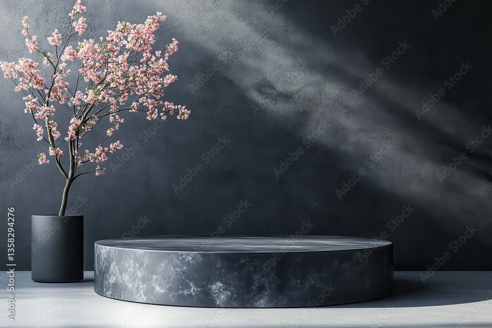 Poster Modern stage platform illuminated by natural light in an abstract interior setting with dark walls and minimalistic design