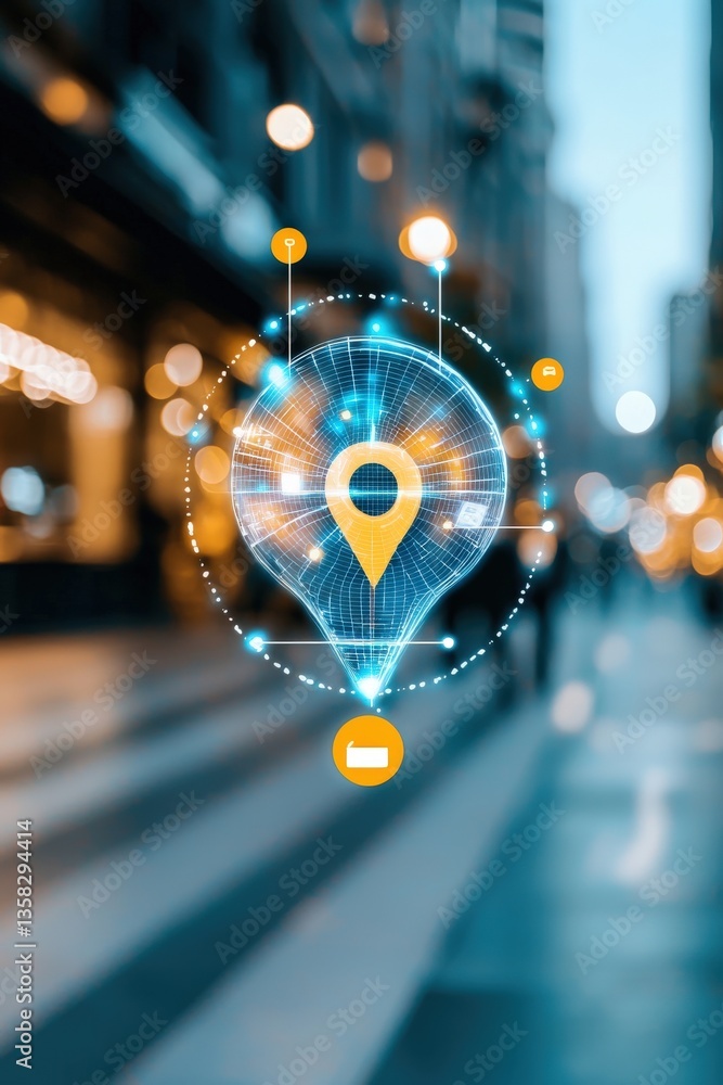 Poster a storefront blended with an augmented reality map showing delivery routes