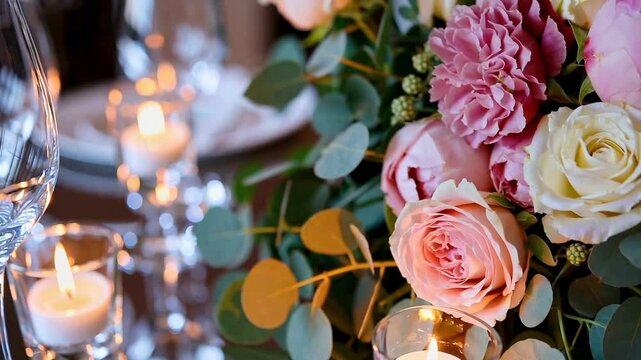 Elegant floral arrangement with candles set for a special occasion in a beautifully decorated space
