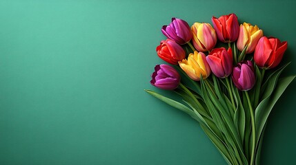 Colorful tulips bouquet on teal background