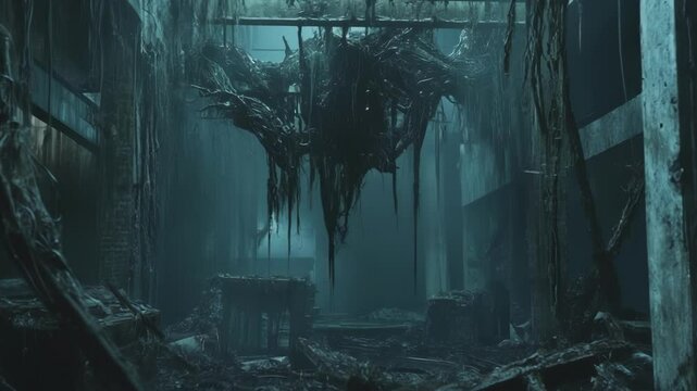 With its sharp contorted limbs extending into the air the industrial beast coils around rusty metal beams while spectral silhouettes flit through the shadows encapsulating the haunting
