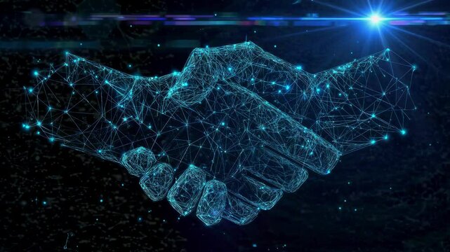 Futuristic digital handshake concept in a video. Low-angle view of glowing wireframe hands against a dark background, symbolizing technology and connection. Live desktop wallpaper.