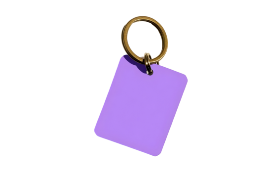 Isolated Background of Purple Keychain with Square Tag and Golden Ring