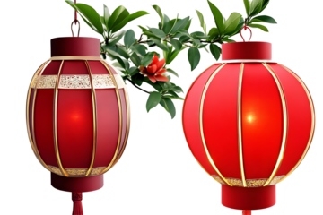 Isolated Two Red Lantern Decoration with Transparent Background