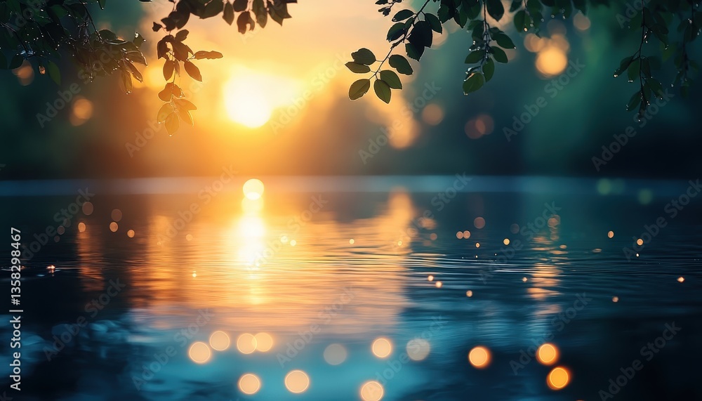 Poster sunlight reflecting off a calm river with glimmering bokeh effects in a serene natural setting durin