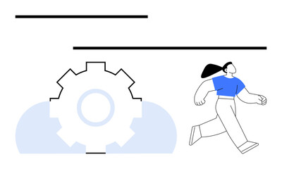 Confident person walking beside a gear and cloud, symbolizing concepts of development, technology, growth, innovation, problem-solving, efficiency, and collaboration. Flat simple metaphor