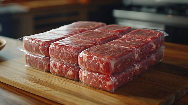 Fresh beef cubes in plastic wrap on wooden cutting board in a kitchen