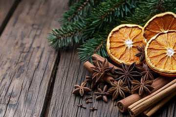 Aromatic spices and dried oranges set against rustic wood for a festive and warm atmosphere
