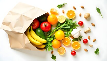 A neatly arranged flat-lay composition of fresh and organic groceries spilling out of a brown paper bag onto a clean white