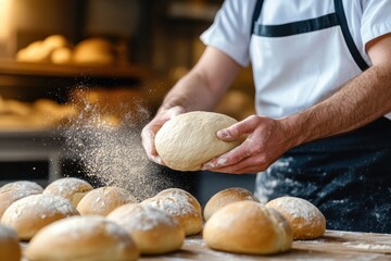 Artisan Baker Preparing Fresh Dough in a Rustic Bakery with Flour Dust in the Air