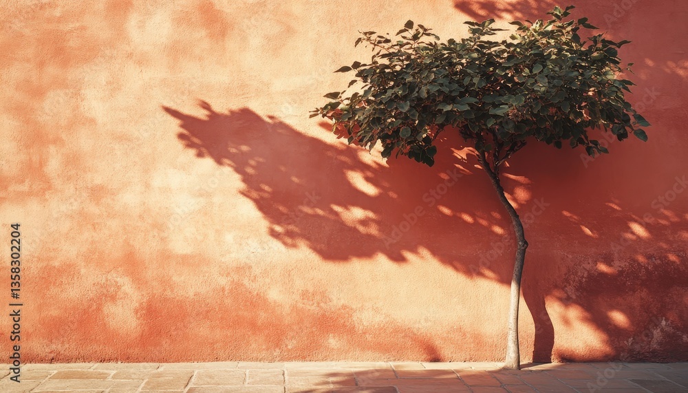 Poster soft shadows of a tree dance on a faded orange wall during sunset in a serene urban setting