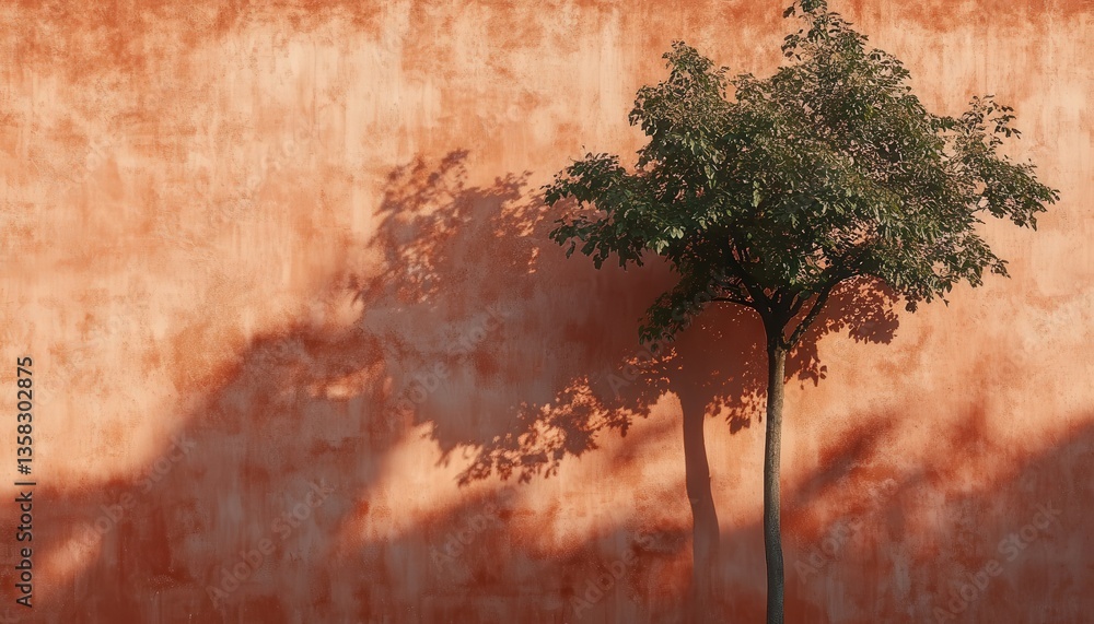 Poster soft shadows of a tree dance on a faded orange wall during sunset in a serene urban setting