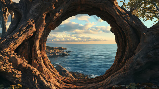 Ocean view framed by weathered, hollowed tree. Hollow Mirror. Illustration