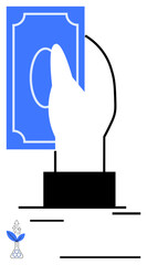 Minimal hand gripping blue banknote suggesting payment, trade, or investing. Ideal for finance, banking, economy, business, budgeting transactions growth. Clean flat simple metaphor