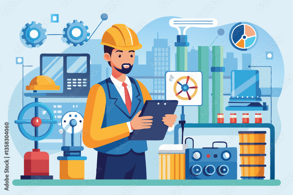 Aufkleber a worker examines operational control systems and monitors processes at a busy engineering workplace