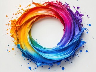 Vibrant rainbow paint swirls forming a circular frame on white background