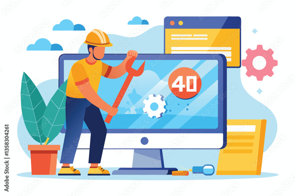 Poster a worker is using a wrench to fix a computer screen showing a page not found error in a bright setti