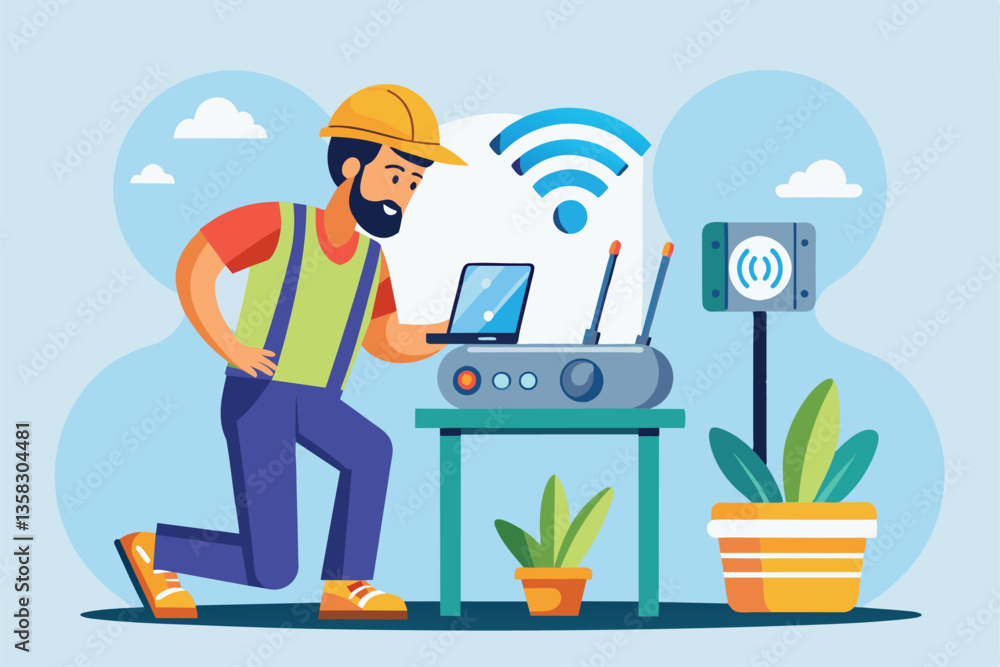 Poster a worker is focused on examining wi-fi connectivity using a mobile device while standing by equipmen