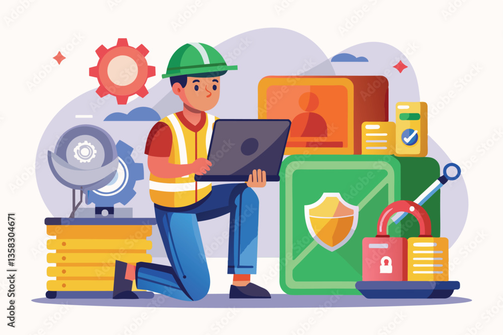 Poster a worker kneels while using a laptop to fix locked files on a secure device in a workspace, worker i