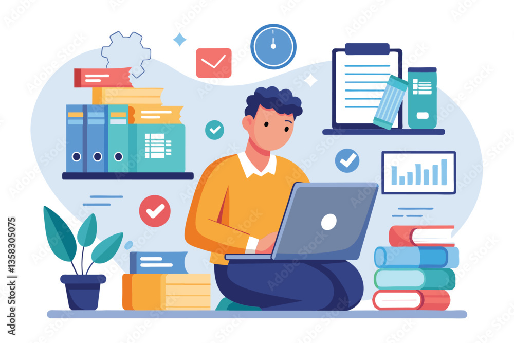Poster a focused worker efficiently organizes data and documents using a laptop in a contemporary office se