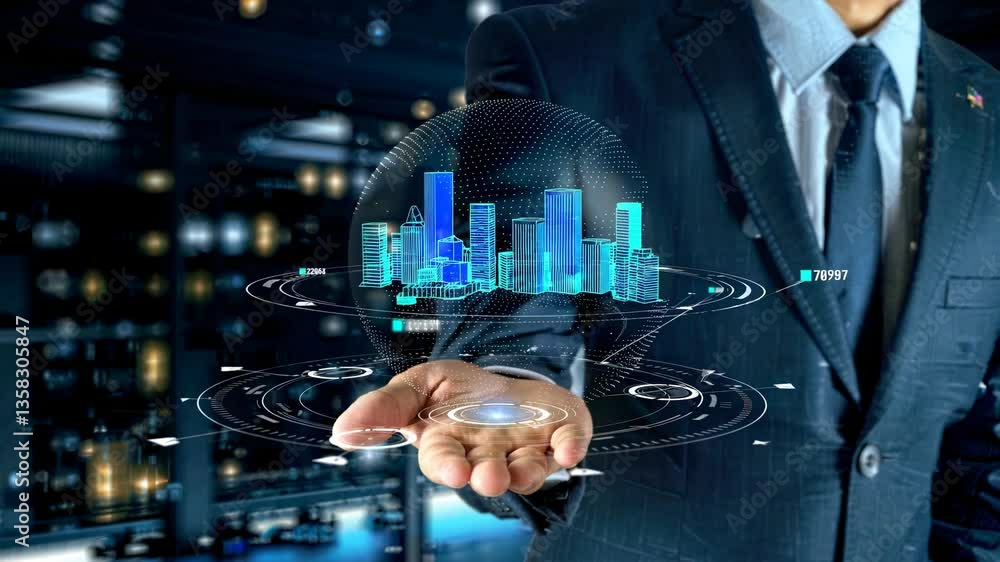 Aufkleber professional businessman presenting holographic digital cityscape with global data visualization, di