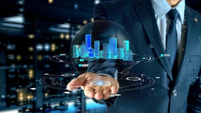 Professional businessman presenting holographic digital cityscape with global data visualization, displaying interconnected urban infrastructure through advanced technological interface