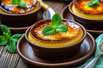 Delicious Golden Crème Brûlée Dessert with Mint Garnish in Rustic Brown Bowls on Wooden Table