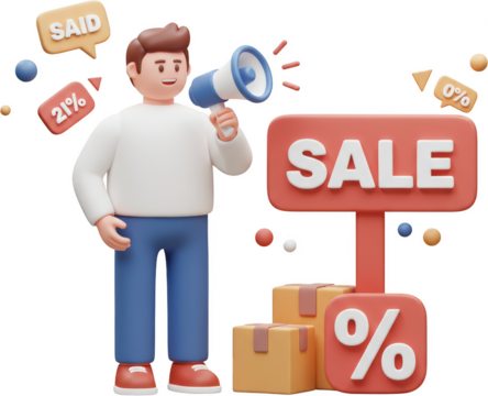 3D Cartoon Man Announcing Big Sale with Megaphone and Packages