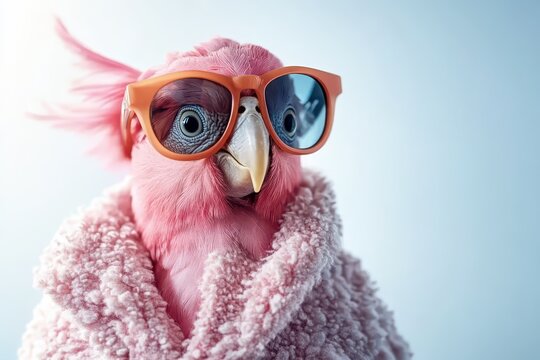 Bird in glasses wrapped in a towel