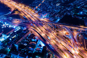 Arial top view of Modern transportation with Expressway, Road and Roundabout, multilevel junction highway-Top view. Important infrastructure.