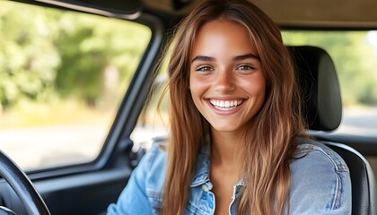 Naklejka premium Happy Woman Driving Car.