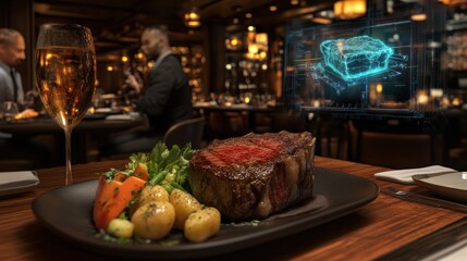 Fototapeta premium Steak dinner with futuristic projection in restaurant