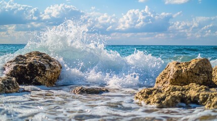 Waves Crashing on Rocks Beneath a Clear Blue Ocean Sky
