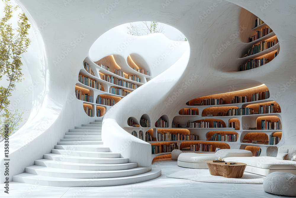 Poster a spiral staircase in a minimalist library with floating books. concept of architectural design and 