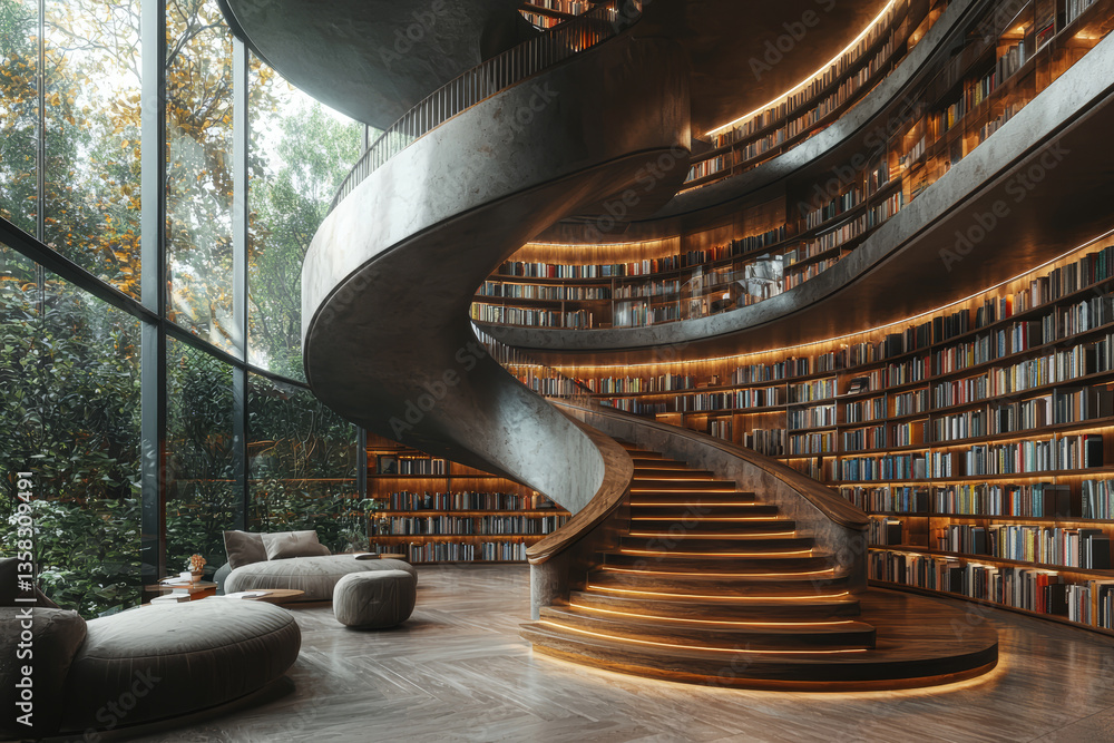 Poster a spiral staircase in a minimalist library with floating books. concept of architectural design and 