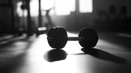 Pair of Iron Dumbbells Resting on Gym Floor in Low Light Environment