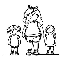 Girl kids hand-drawn simple line sketch isolated on white background