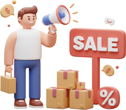 3D Cartoon Man Announces Big Sale with Packages and Megaphone