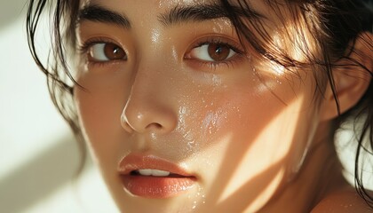 Capturing natural beauty with soft sunlight illuminating a woman's face, highlighting her glowing skin and expressive eyes