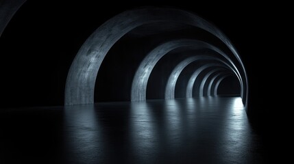 Obraz premium Dark, arched tunnel with glowing light at the end. A series of concentric arches creates a captivating tunnel effect, leading to a distant, radiant light source. 