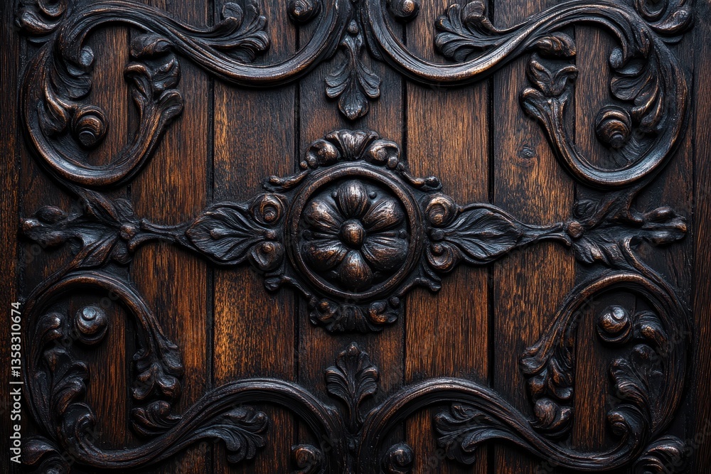 Aufkleber intricate wooden carving featuring floral design set against a dark background in a rustic environme