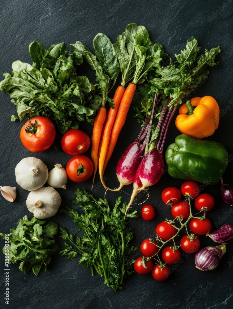 Poster premium organic vegetables beautifully arranged on a dark slate background for a refined farm-to-tab